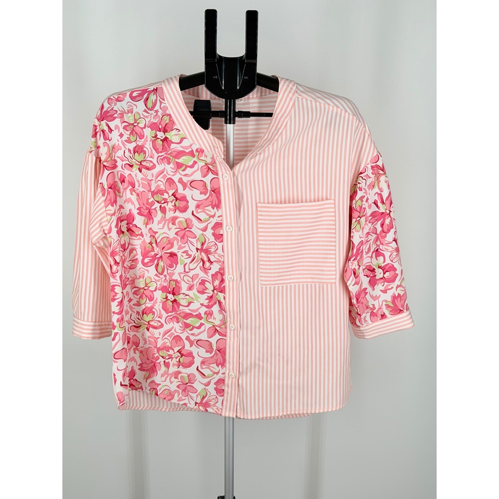 Jodifl Pink Striped Floral Mixed Print Button Down Blouse Womens S